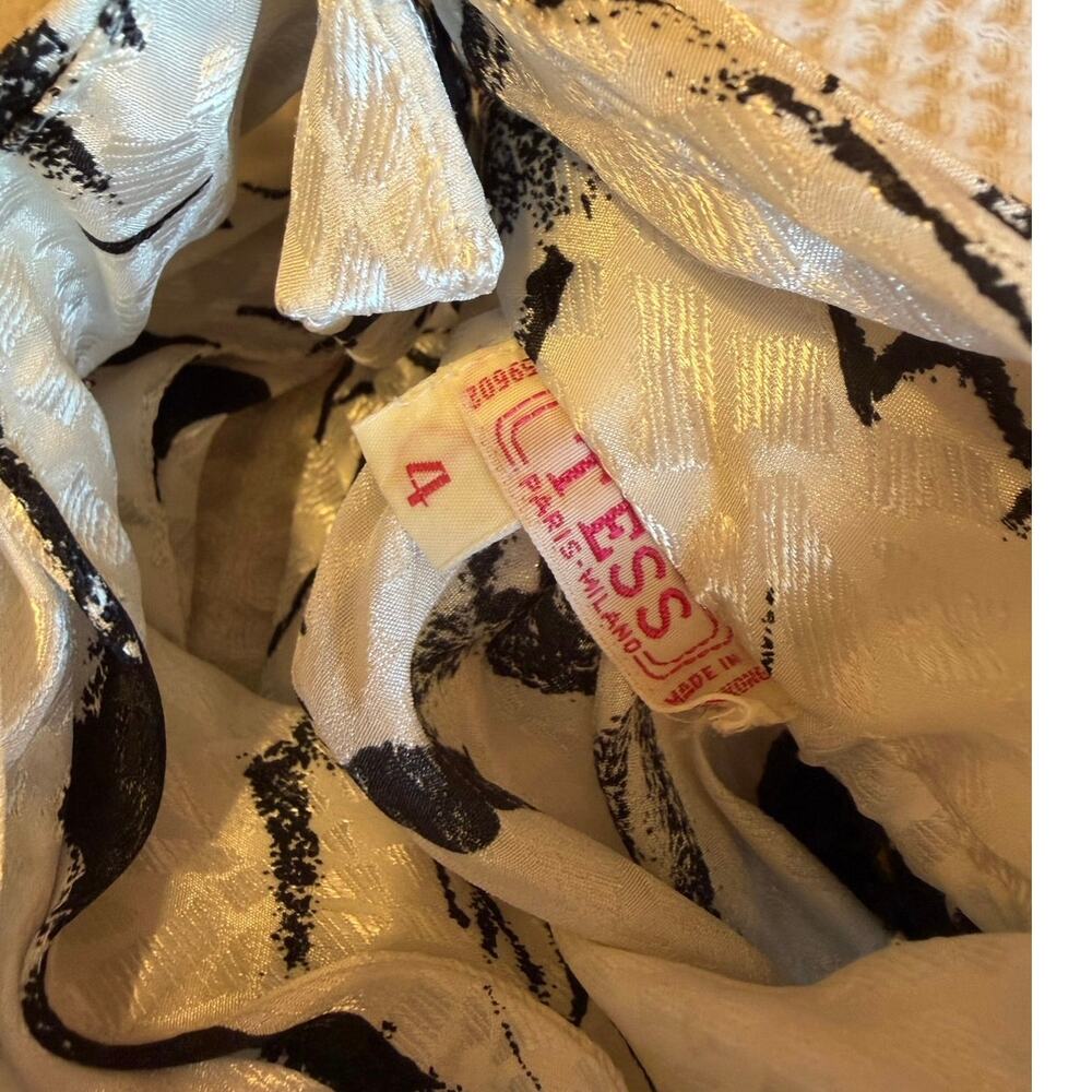 VTG TESS Paris-Milano Silkey Retro 80’s White Black Floral Turtle Neck Blouse 4 - Picture 12 of 13